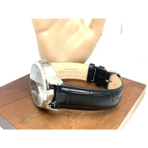 Stuhrling Mens Watch 3942 Automatic Skeleton Dial Silver Black Leather Band 42mm